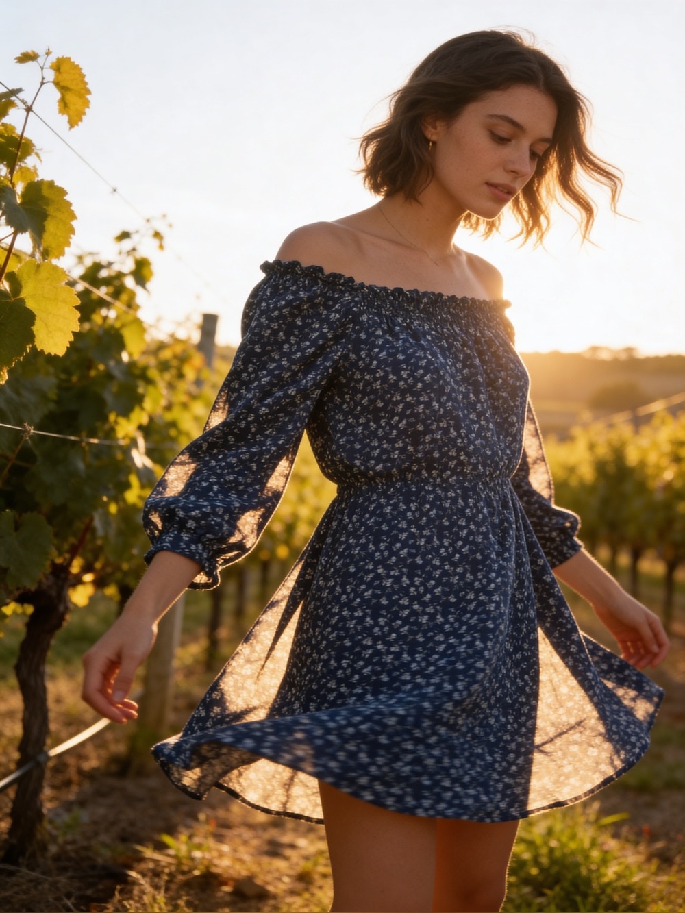 BeBop Navy Blue Floral Off-Shoulder Mini Dress